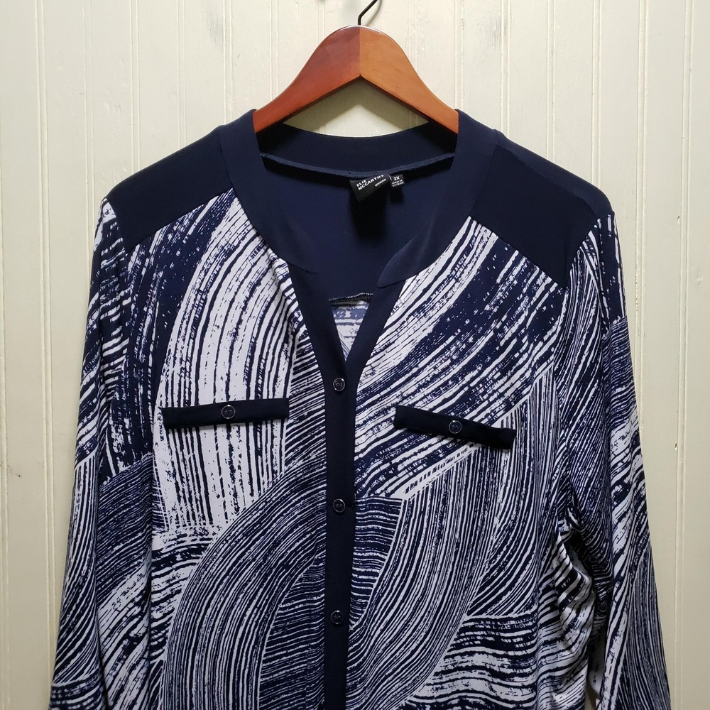 Elie McCarthy Blouse Womens Plus 2X Blue Henley‎ 3/4 Sleeve Geometric Tunic